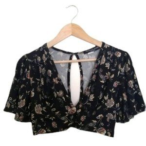 Absolute Angel Black Wide V-neck Floral Crop Top